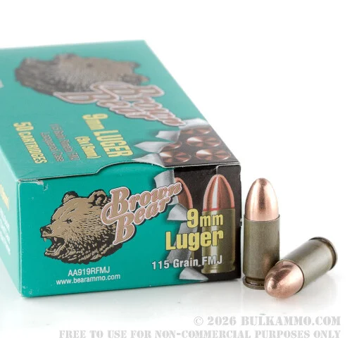 500Rounds of 9mm Ammo by Brown Bear (Steel Casing) - 115gr FMJ