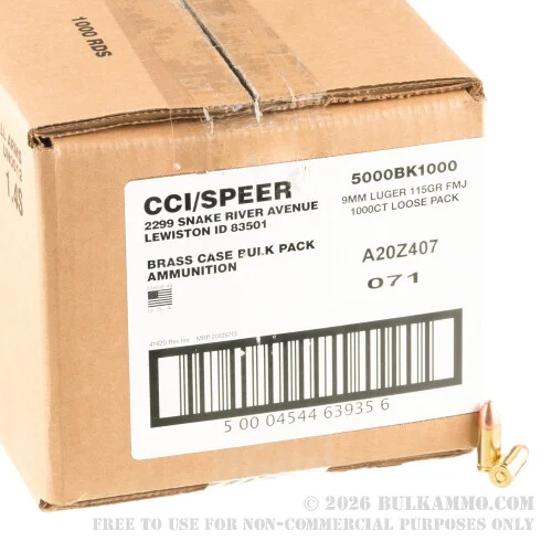 1000 Rounds Loose Pack of 9mm Ammo by Blazer Brass - 115gr FMJ