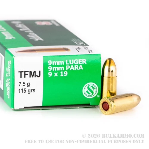 50 Rounds of 9mm Ammo by Sellier & Bellot Non-Toxic - 115gr TMJ