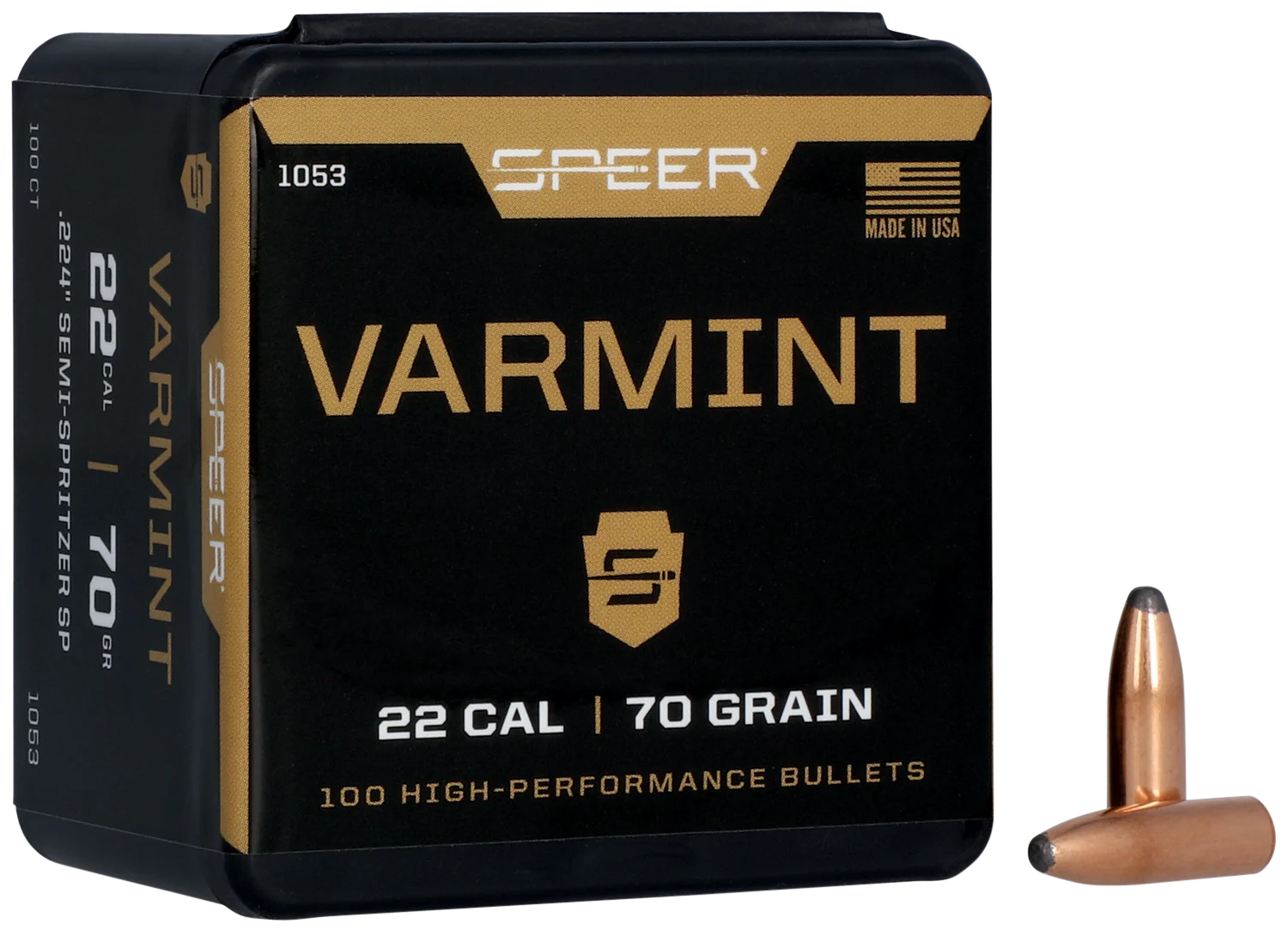Speer 22 Caliber 70 Grain Semi-Spitzer 100/Box (1053), Not Loaded