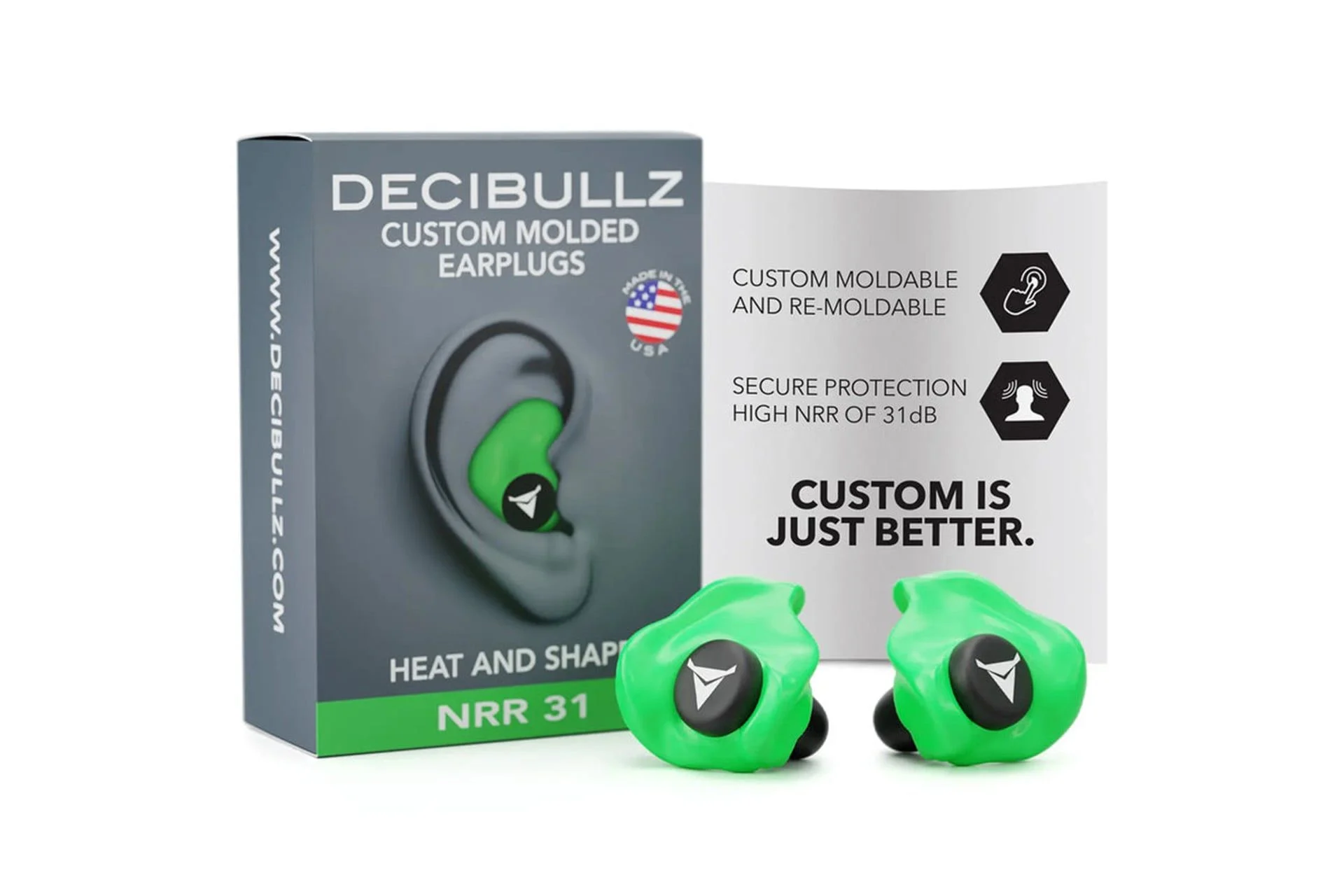 Decibullz Custom Molded Earplugs - 31dB NRR - Green - PLG1-GRN