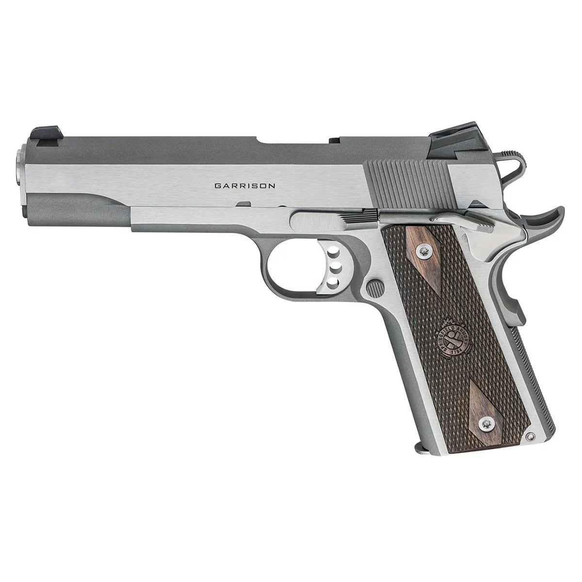 Springfield 1911 Garrison .45 ACP 5" 7+1 Stainless Frame & Slide Thin-Line Wood with Double-Diamond Pattern - Stainless/Silver, Wood Grips - PX9420S