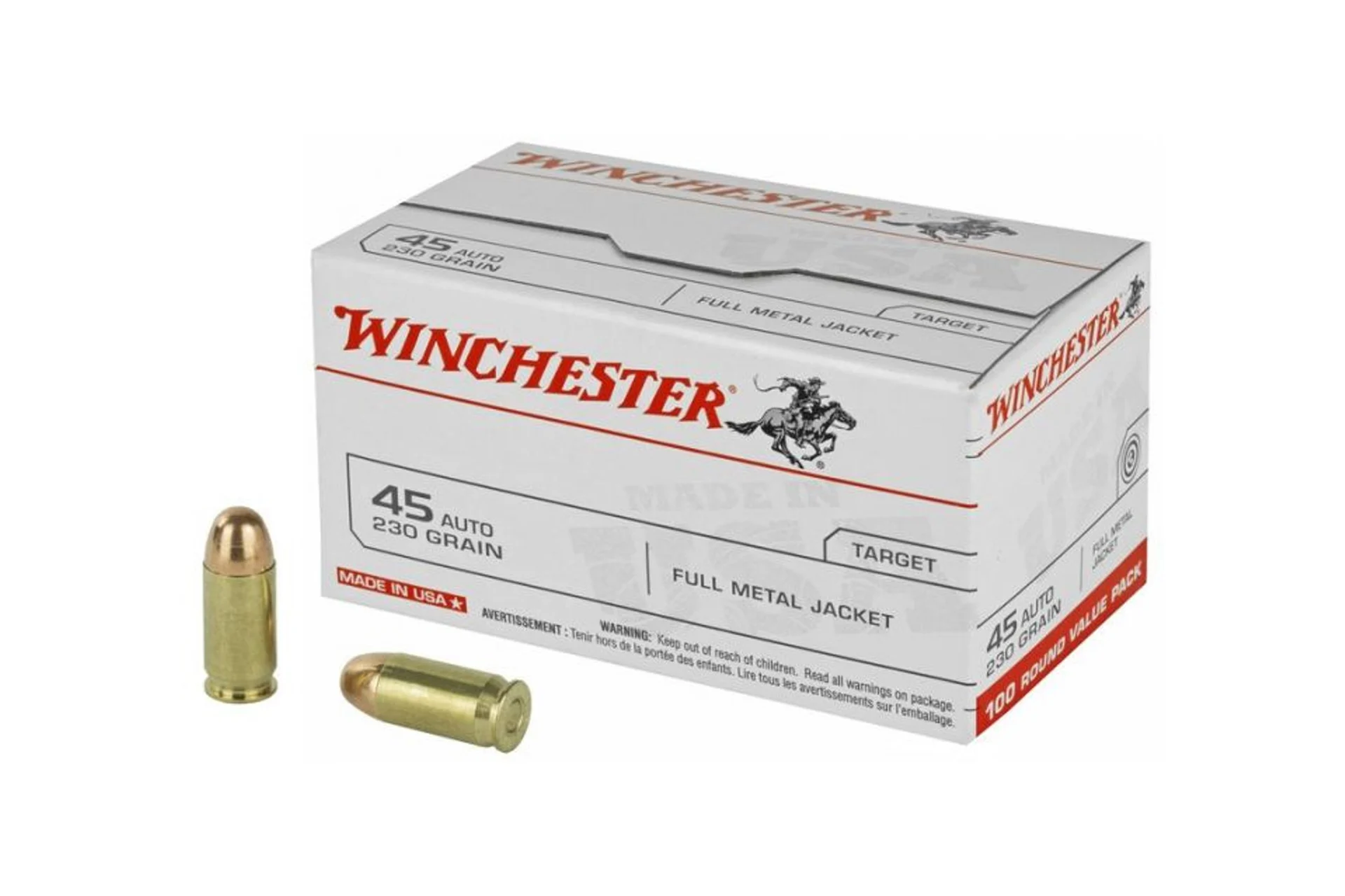 Winchester Ammunition USA 45ACP 230 Grain FMJ Handgun Ammo - 100 round box - USA45AVP