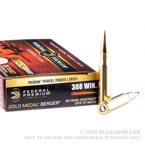 200 Rounds of .308 Win Ammo by Federal Gold Medal - 185gr Berger Juggernaut OTM