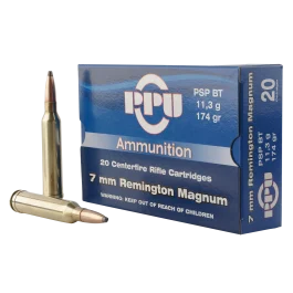 Ppu Standard Rifle 7mm Rem Mag 174 Grain Pointed Soft Point Boat-Tail