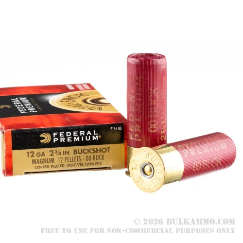 5 Rounds of 12ga 2-3/4" Ammo by Federal Vital-Shok -00 Buck (Copper-Plated Lead Buckshot)