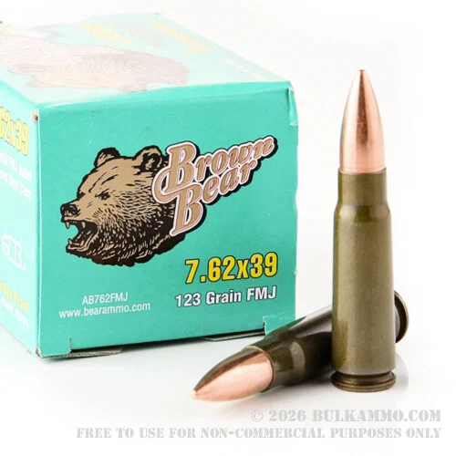 500Rounds of 7.62x39mm Ammo by Brown Bear - Polymer Coated - 123gr FMJ