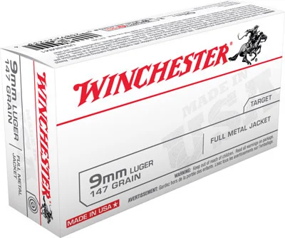 Winchester USA Pistol Ammunition USA9MM1, 9mm, Truncated Cone Full Metal Case (FMJ), 147 GR, 990 fps, 50 Rd/bx