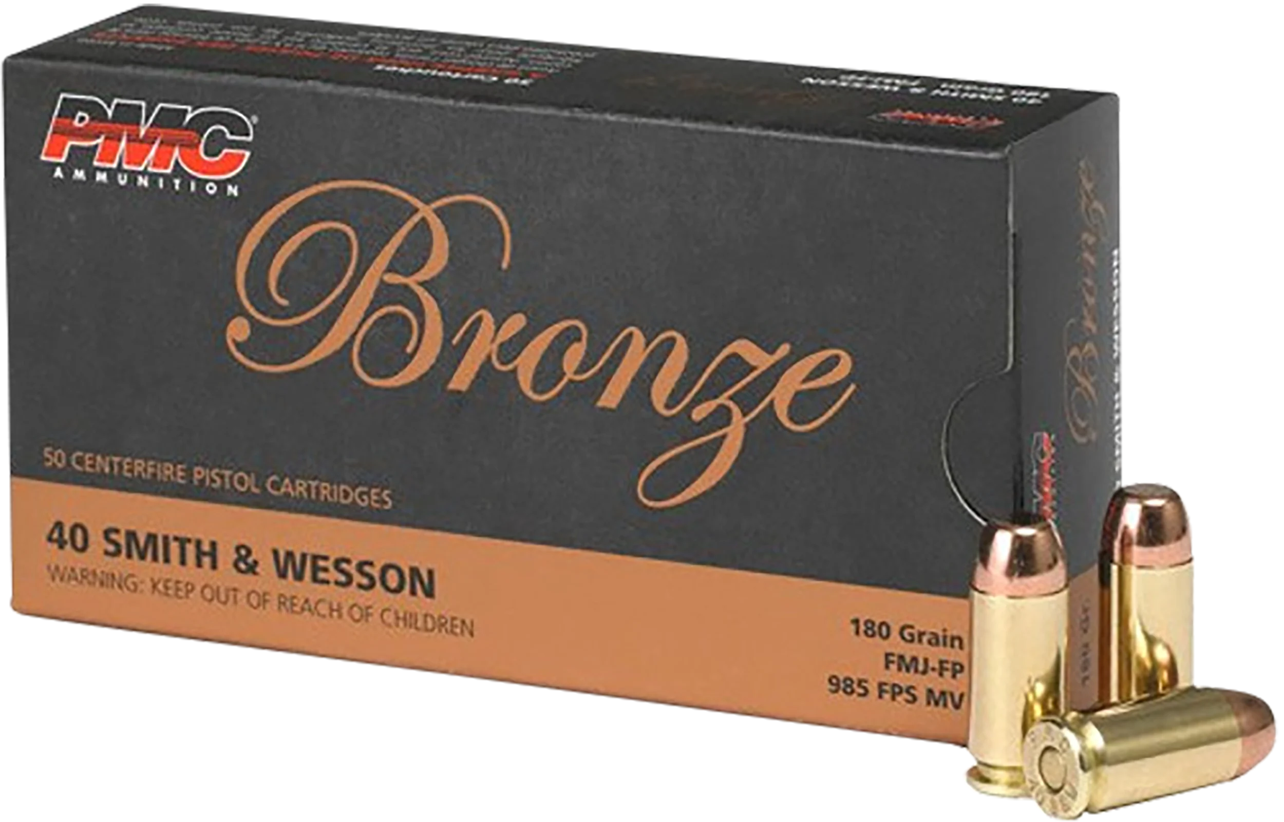 PMC Bronze Line Pistol Ammunition 40E, 40 S&W, Full Metal Jacket Flat Point, 180 GR, 985 fps, 50 Rd/bx