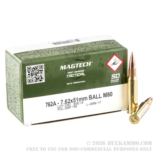 500Rounds of 7.62x51mm M80 Ammo by Magtech - 147gr FMJ