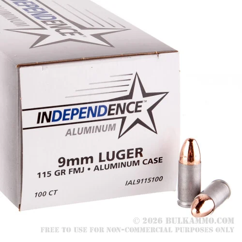 500 Rounds of 9mm Ammo by Independence (Aluminum) - 115gr FMJ
