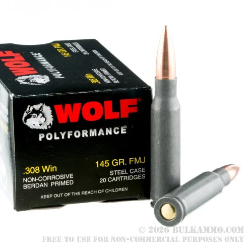 500Rounds of .308 Win Ammo by Wolf WPA Polyformance - 145gr FMJ