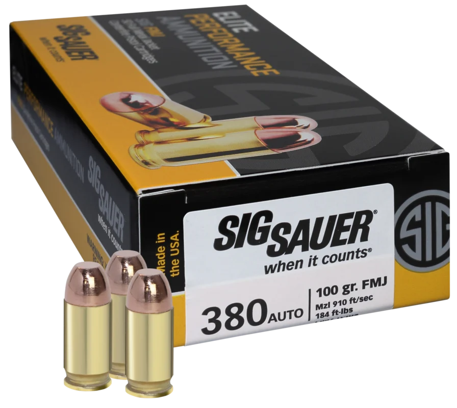 Sig Sauer E380B150 Elite Ball 380 ACP 100 gr Full Metal Jacket (FMJ) Handgun Ammo - 50 Rounds - 96694