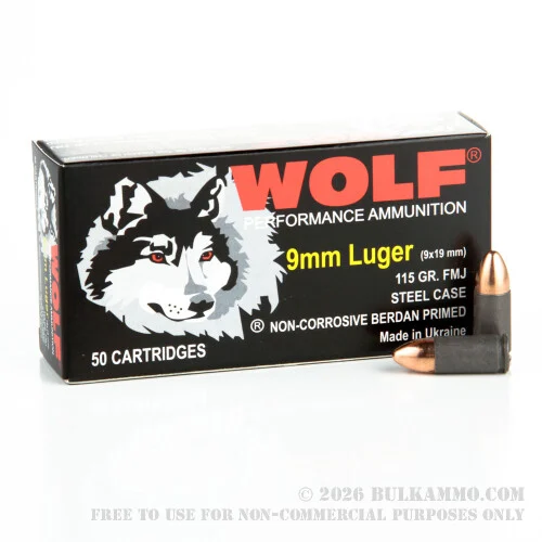 500Rounds of 9mm Ammo by Wolf - 115gr FMJ