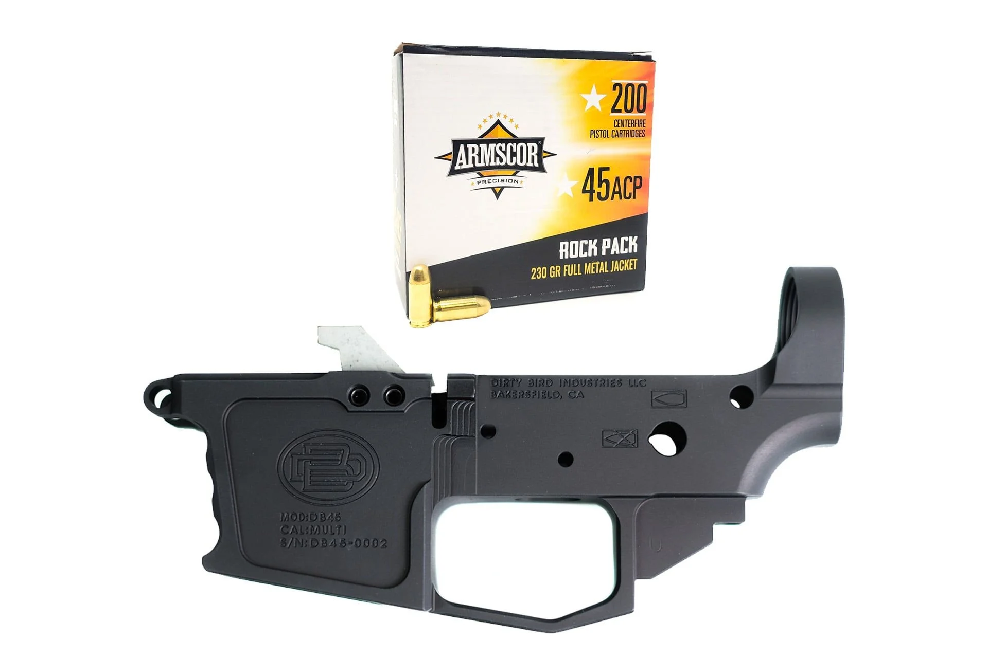Dirty Bird DB45 AR-45 Stripped Billet Lower Receiver + 200rds of Armscor Precision 230GR FMJ 45 ACP