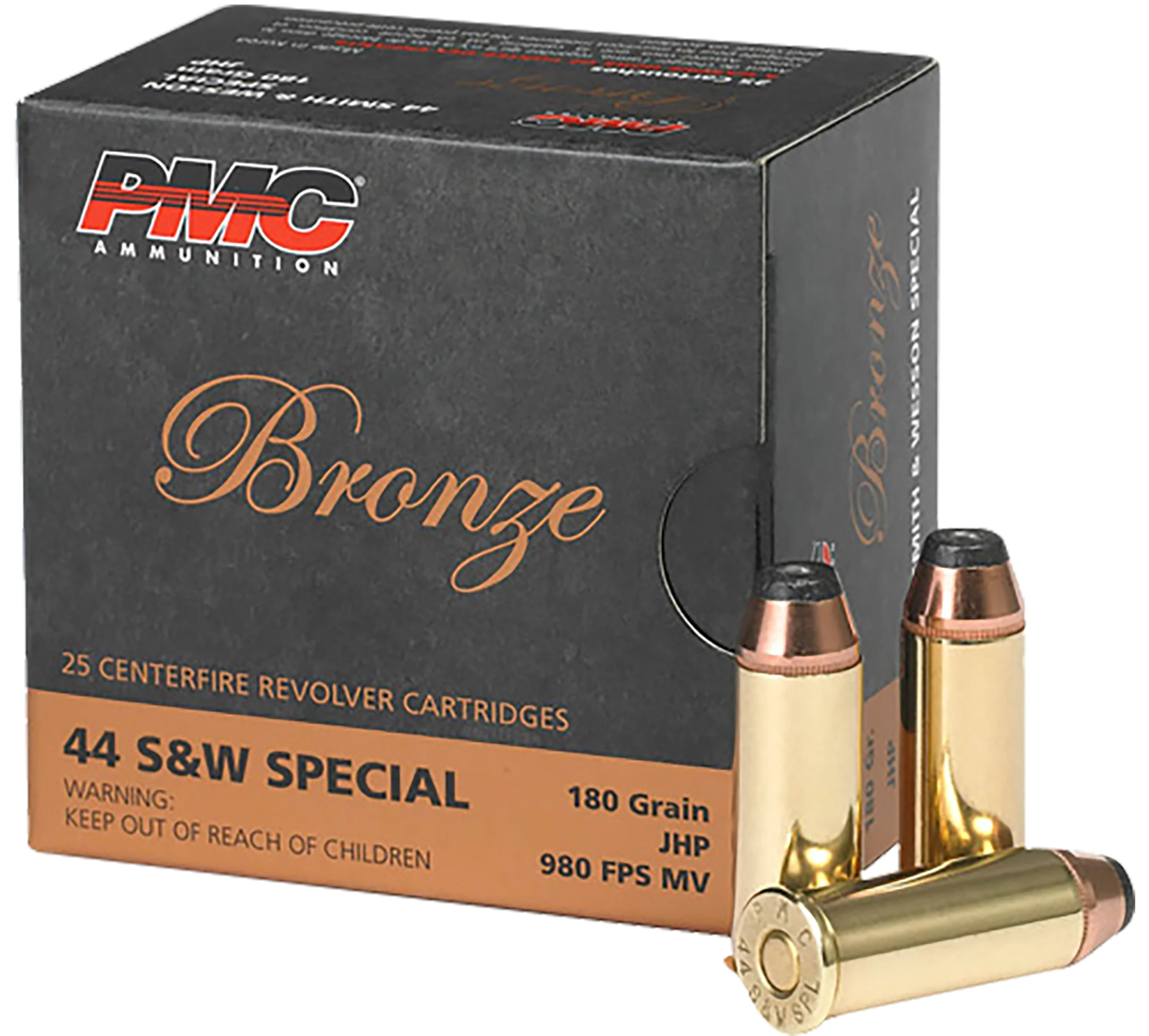 PMC Bronze Line Handgun Ammunition 44SB, 44 Special, Jacketed Hollow Point (JHP), 180 GR, 980 fps, 25 Rd/bx