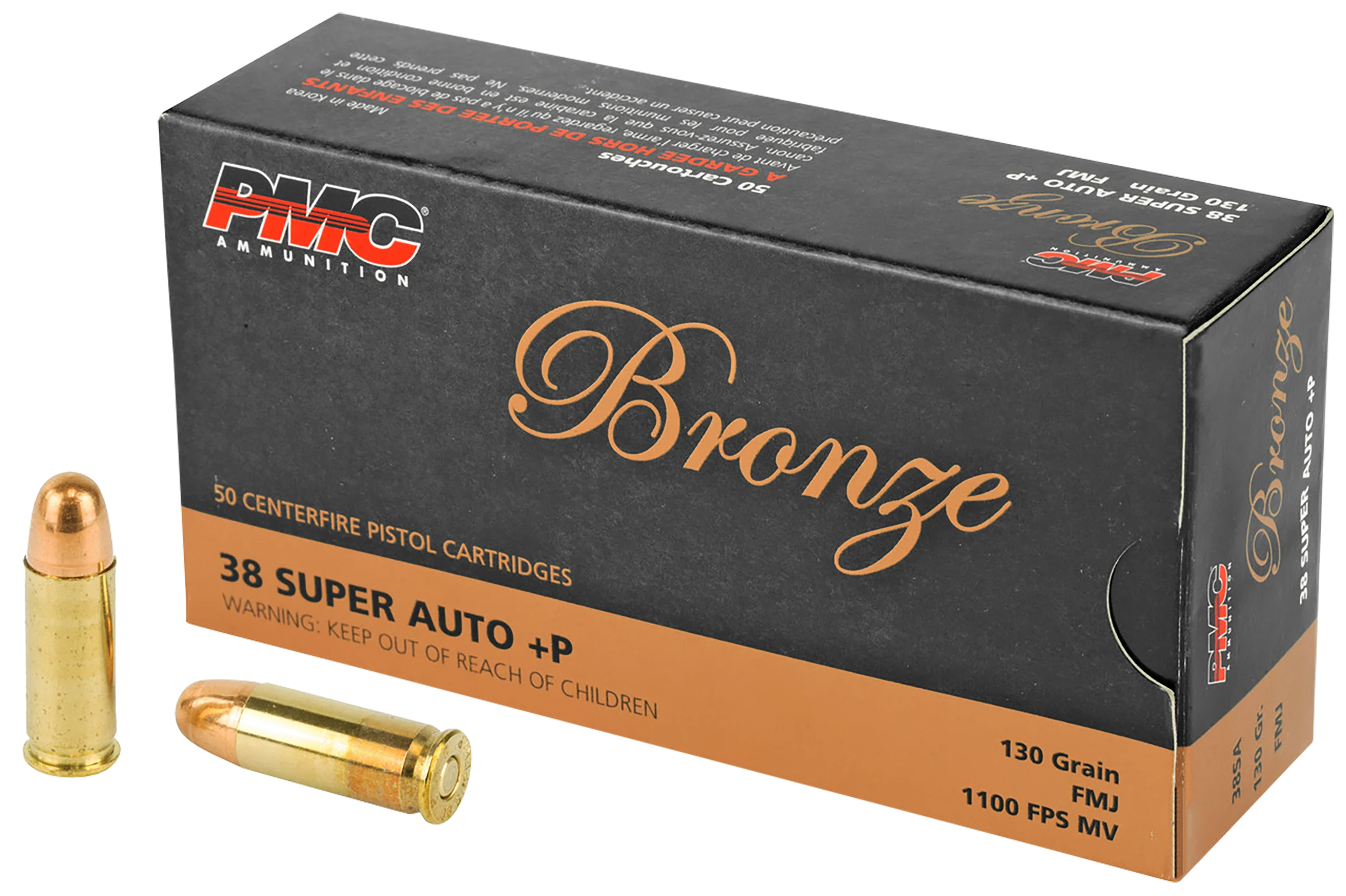 PMC Bronze Line Handgun Ammunition 38SA, 38 Super Auto +P, Full Metal Jacket (FMJ), 130 GR, 1090 fps, 50 Rd/bx