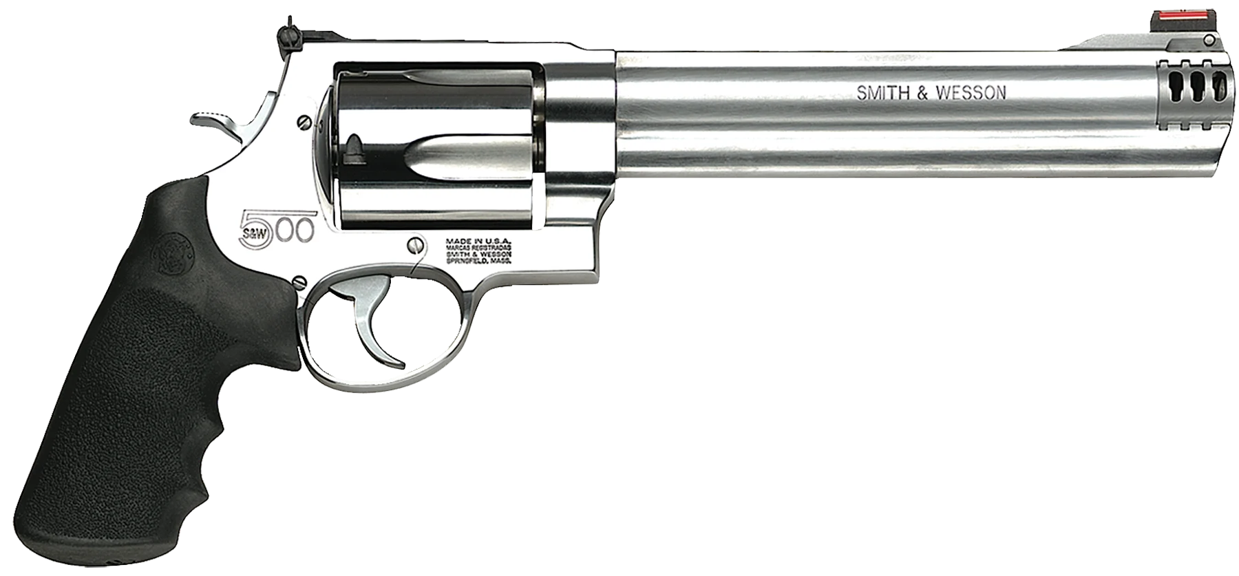 Smith & Wesson 500 Revolver 163501, 500 S&W, 8 3/8", Rubber Grip, Satin Stainless Finish, 5 Rd, HiViz Sights