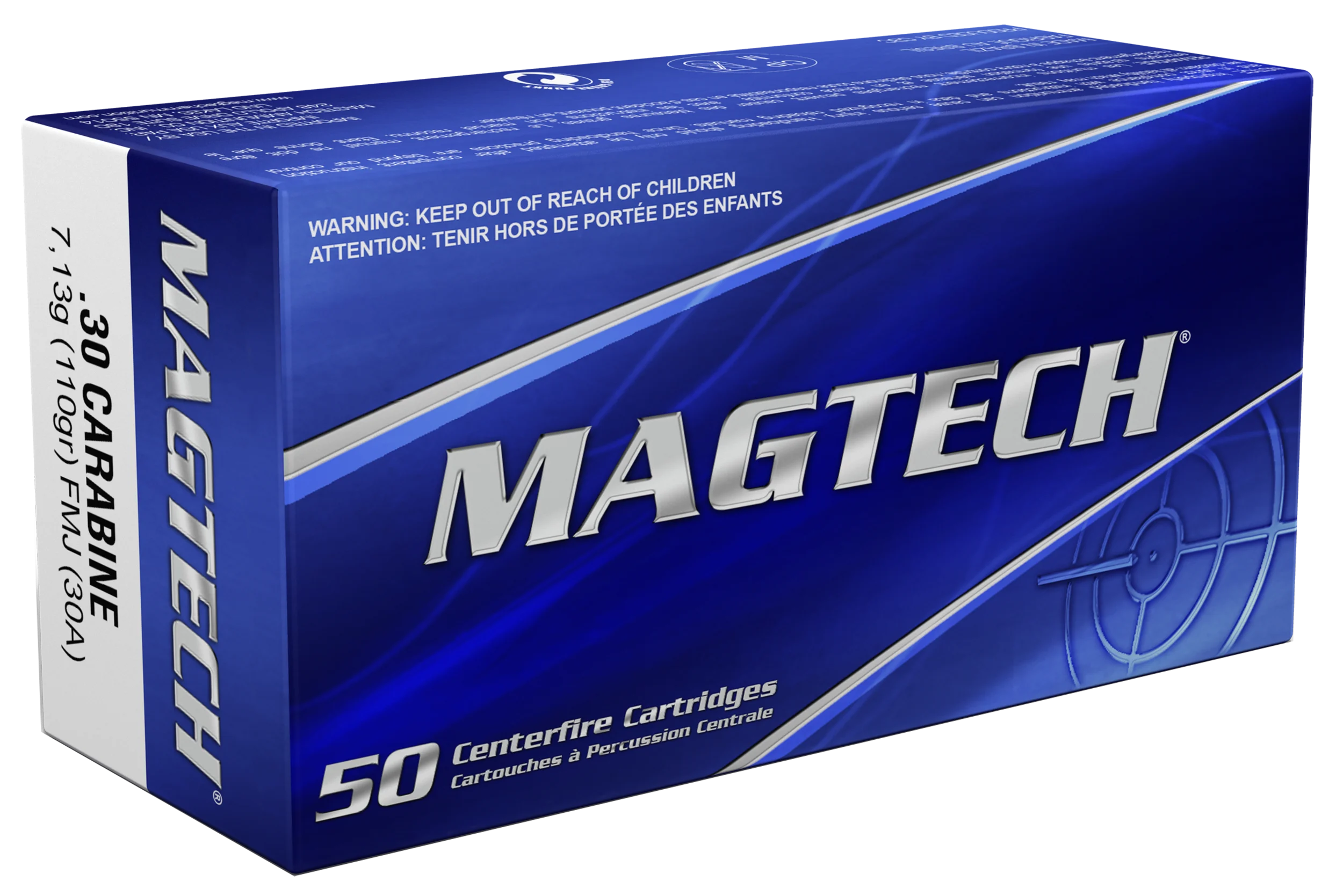 Magtech Sport Hunting Rifle Ammunition 30A, 30 Carbine, Full Metal Case (FMJ), 110 GR, 1990 fps, 50 Rd/bx
