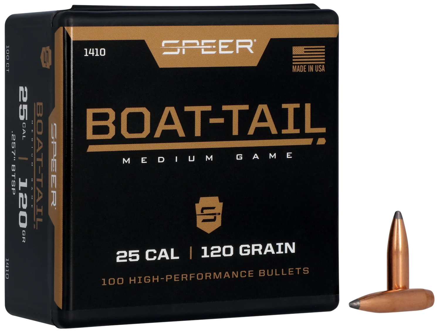 Speer 25 Caliber 120 Grain Spitzer/Boat Tail 100/Box (1410), Not Loaded