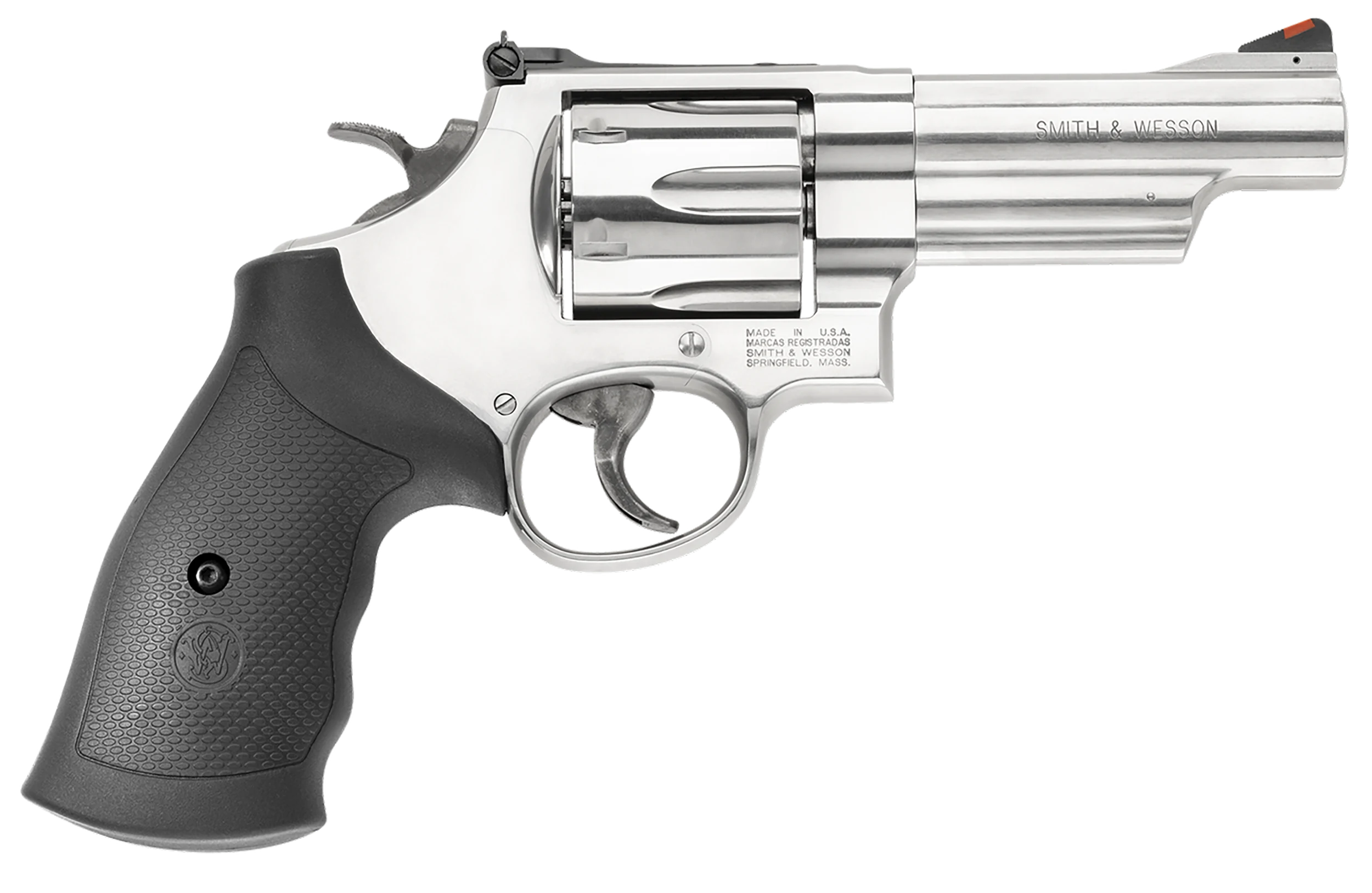 Smith & Wesson 629 Revolver 163603, 44 Remington Mag, 4", Rubber Grip, Satin Stainless Finish, 6 Rd, Red Ramp, White Outline Sights