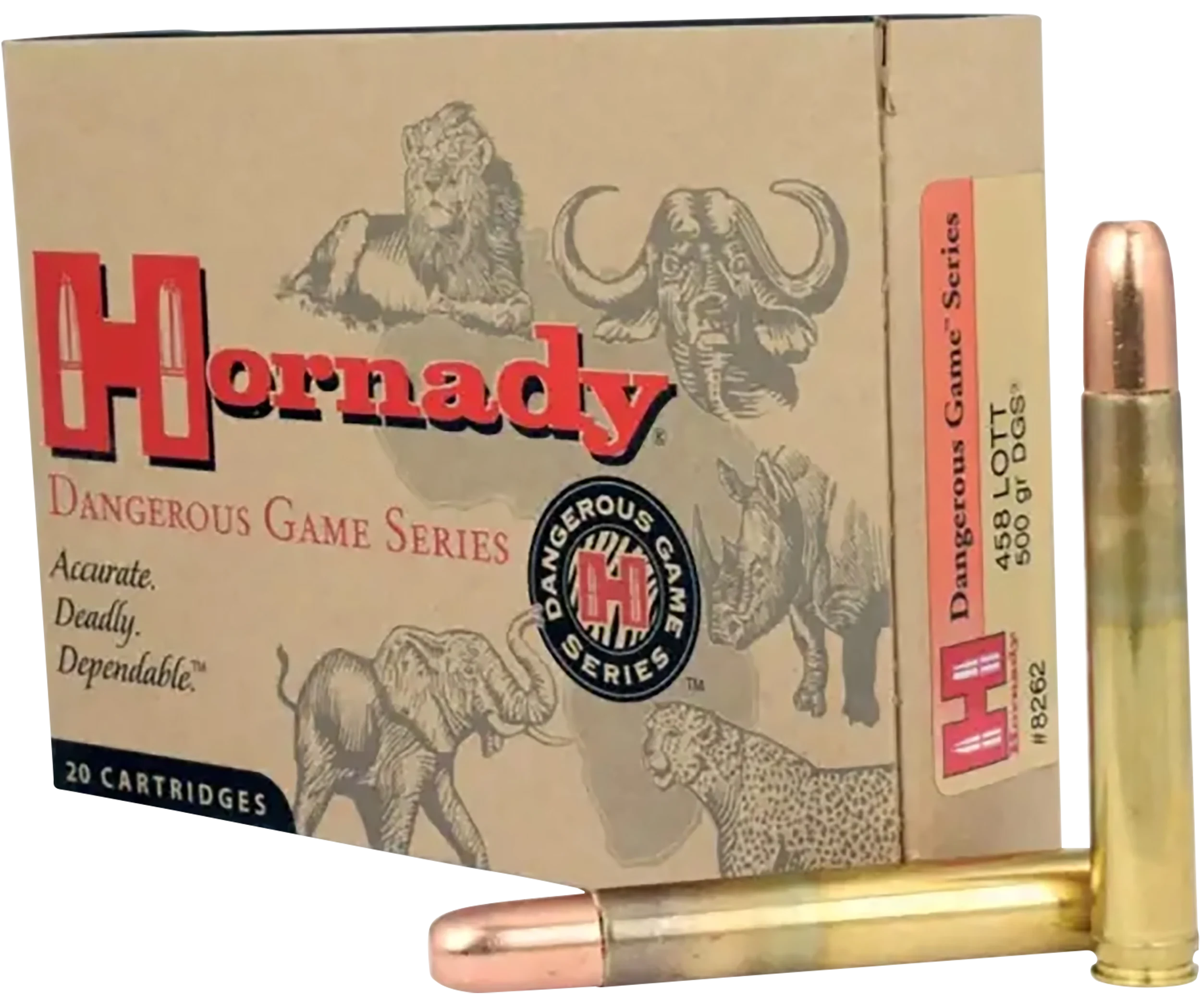 Hornady Rifle Ammunition 8262, 458 LOTT, Full Metal Jacket Round Nose (RN), 500 GR, 2300 fps, 20 Rd/bx