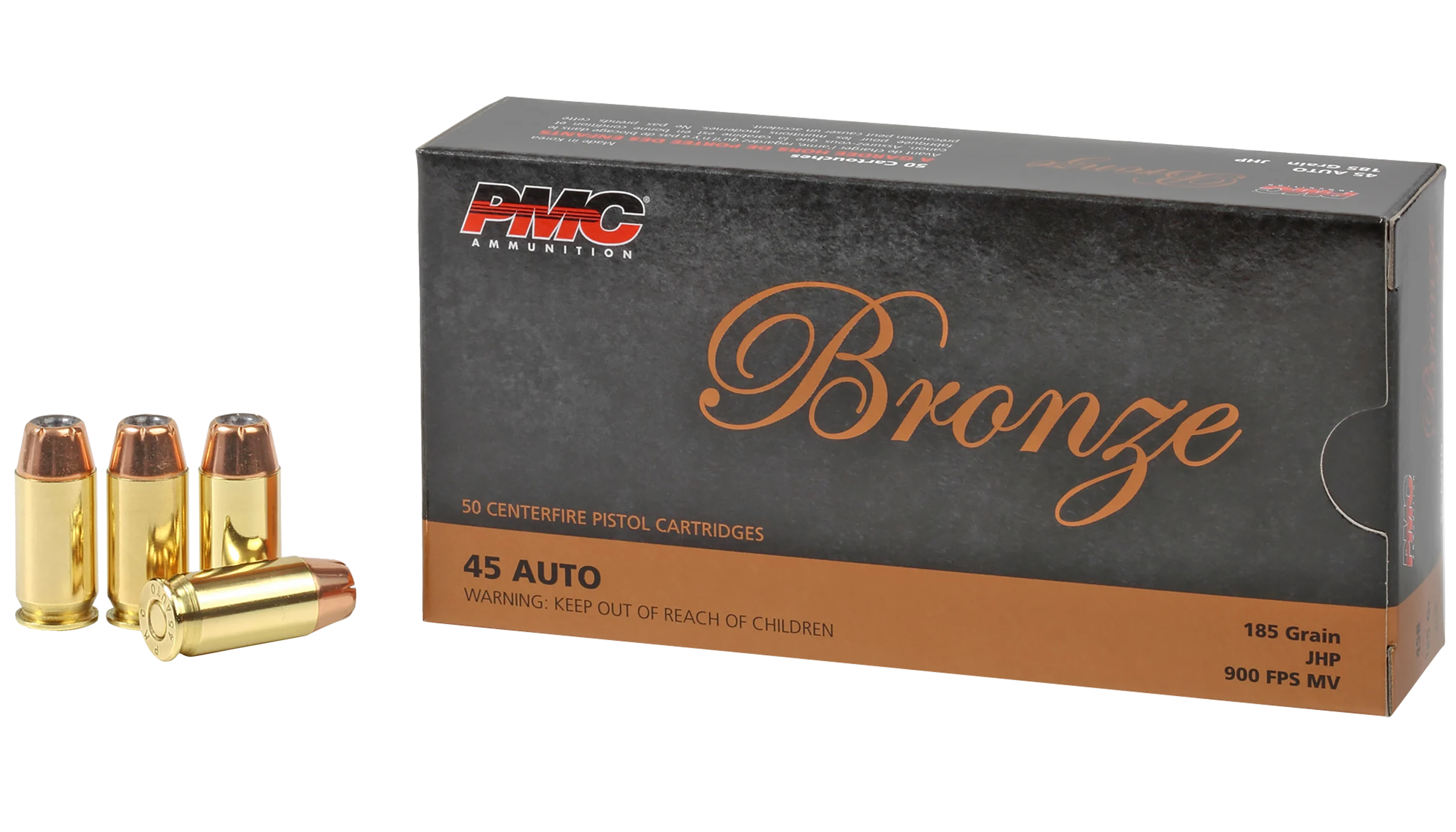 PMC Bronze Line Pistol Ammunition 45B, 45 ACP, Jacketed Hollow Point (JHP), 185 GR, 900 fps, 50 Rd/bx