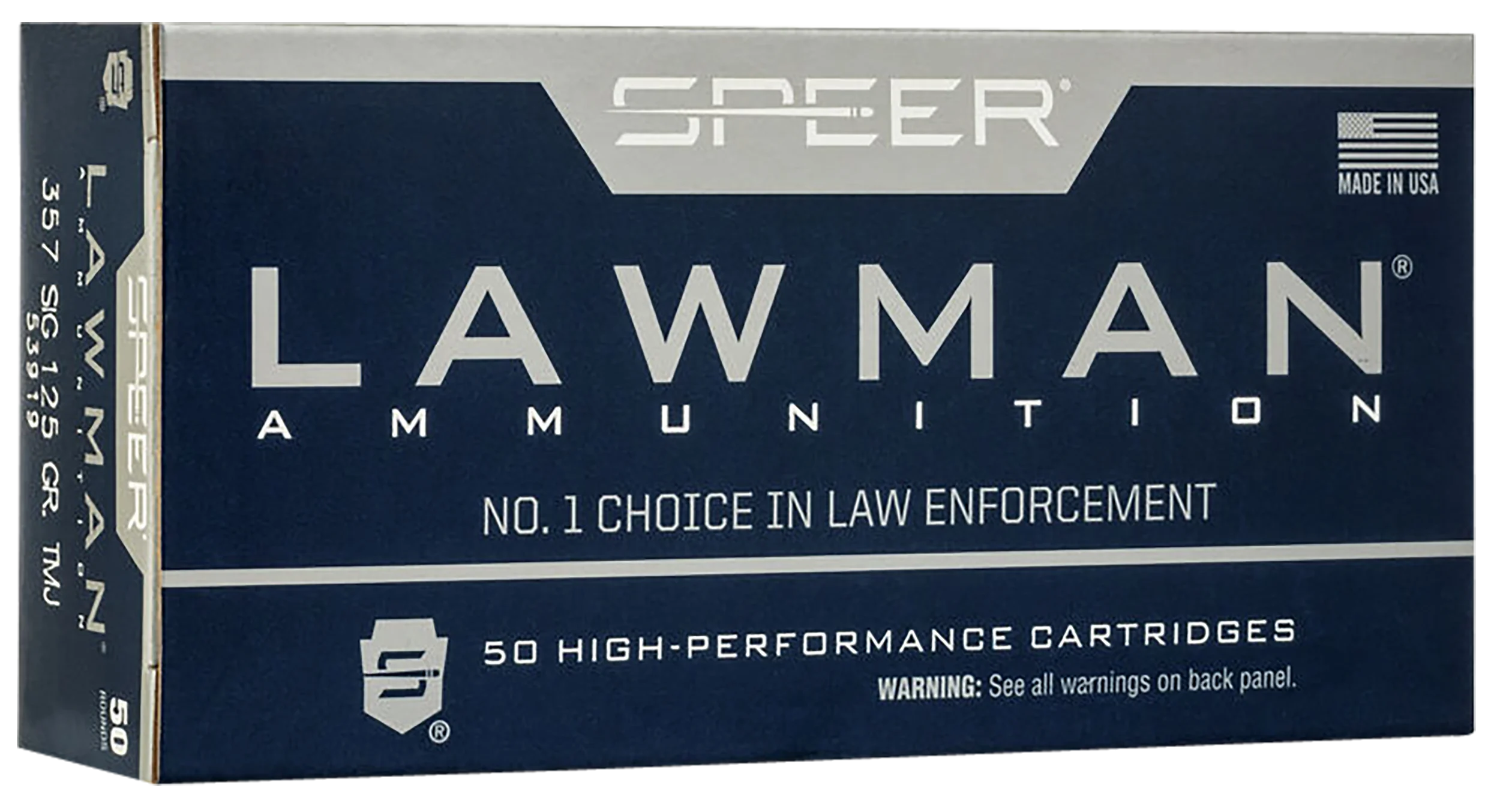 Speer Lawman Handgun Ammunition 53919, 357 SIG, Total Metal Jacket (TMJ), 125 GR, 1350 fps, 50 Rd/bx