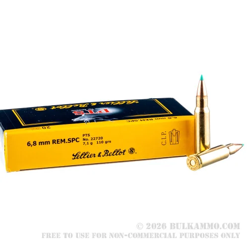 20 Rounds of 6.8 Remington SPCAmmo by Sellier & Bellot - 110 gr Polymer Tipped Spitzer