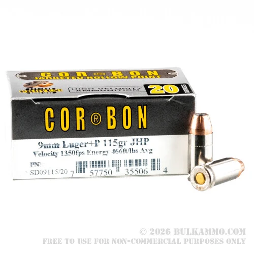 20 Rounds of 9mm +P Ammo by Corbon- 115gr JHP