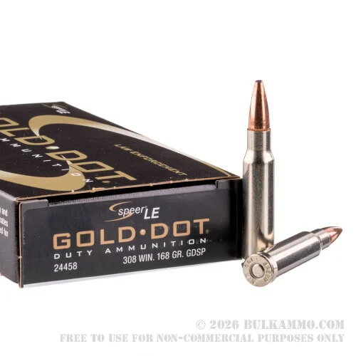 500 Rounds of .308 Win Ammo by Speer Gold Dot - 168gr Bonded SP