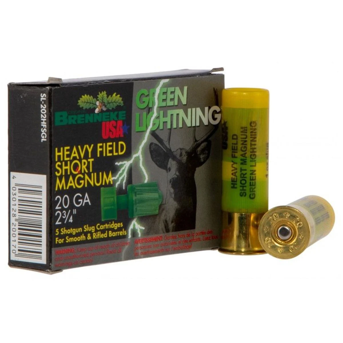 Brenneke SL202HFSGL Green Lightning 20 Gauge 2.75" Slug 1 oz Shotgun Ammo - 5 Rounds - SL-202HFSGL