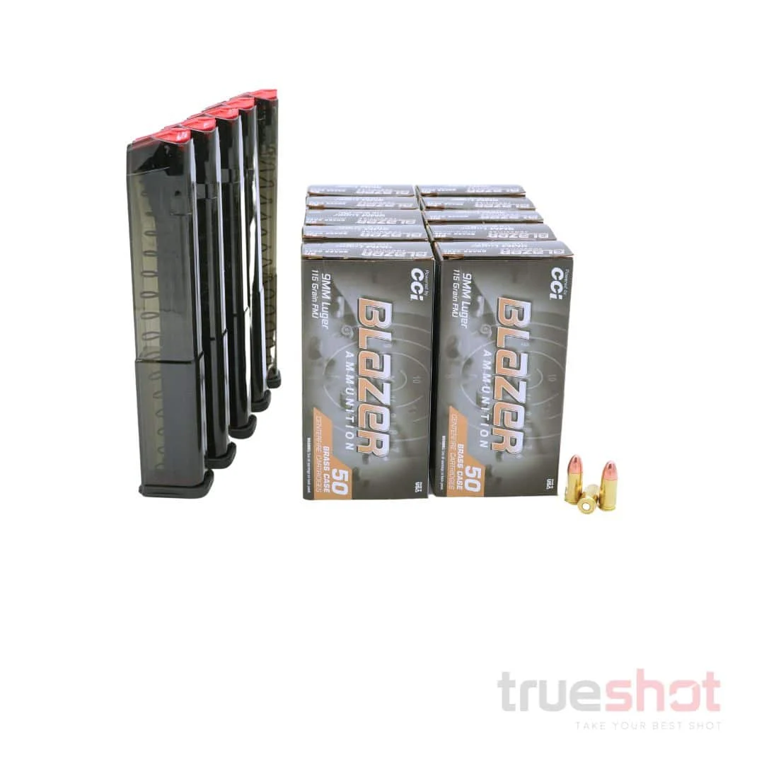 BUNDLE DEAL: 5 Carbon Smoke 32 Round ETS Glock Magazines and 500 Rounds of Ammo