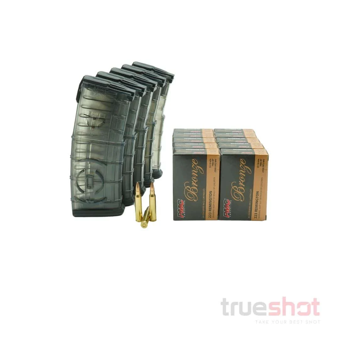 BUNDLE DEAL: 5 Clear 30 Round ETS Gen 2 AR-15 Magazines and 200 Rounds of Ammo