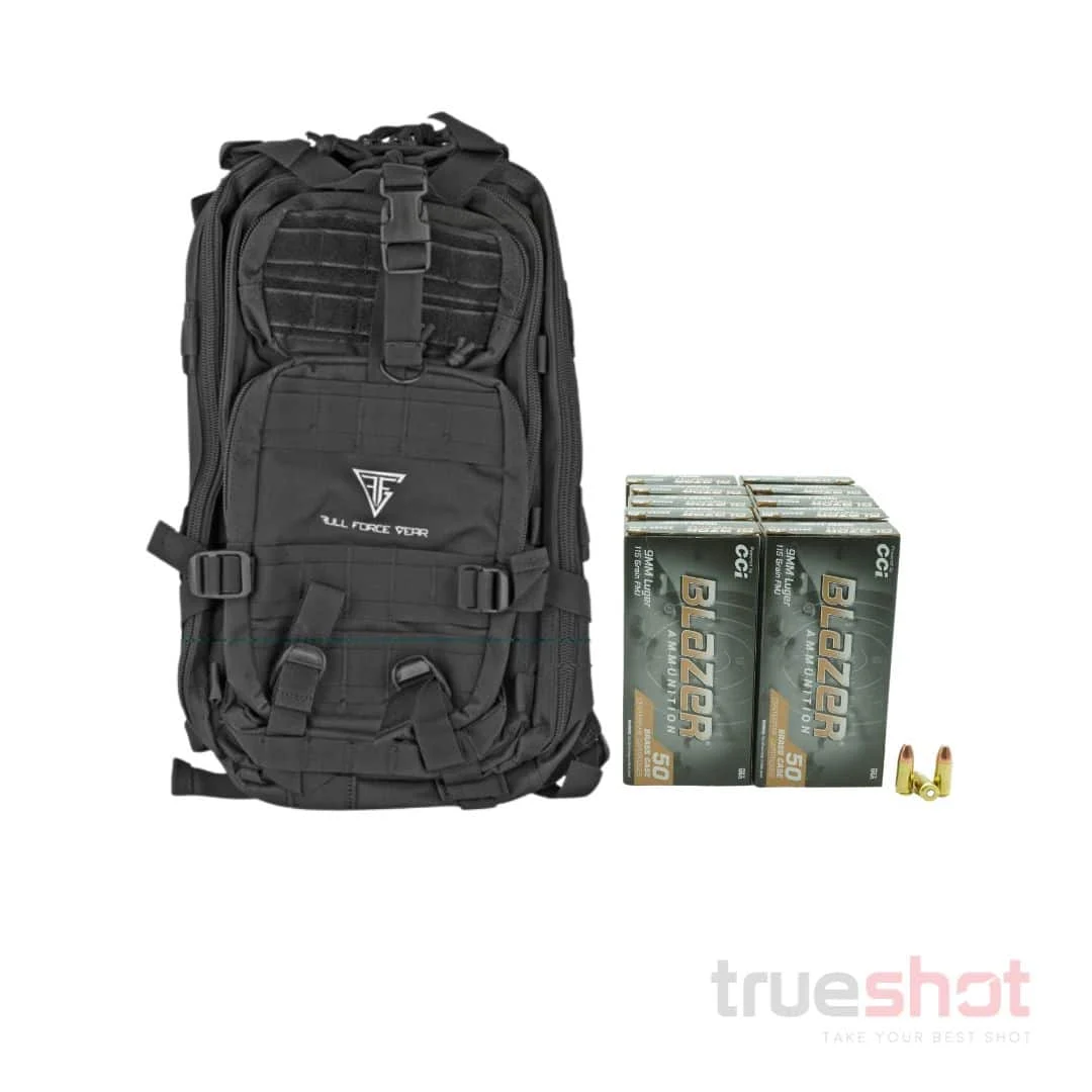 BUNDLE DEAL: Black Full Forge Gear Backpack and 500 Rounds of Ammo