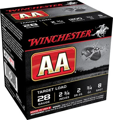 Winchester AA Target AA288, 28 Gauge, 2-3/4", 3/4 oz, 1200 fps, #8 Lead Shot, 25 Rds/Bx