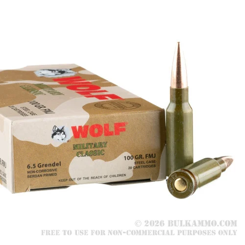 500Rounds of 6.5mm GrendelAmmo by Wolf Military Classic - 100 gr FMJ