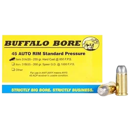 Buffalo Bore Ammo  Standard Pressure 45 Auto Rim 255 Gr Hard Cast Flat Nose Ammo