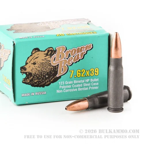 500Rounds of 7.62x39mm Ammo by Brown Bear Polymer Coated - 123gr HP