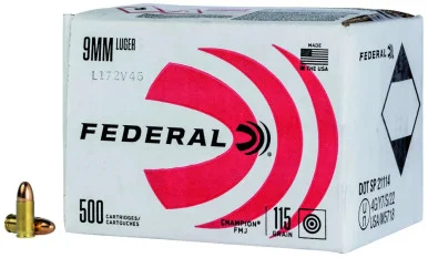 Federal Champion Training, 9MM Luger, 115 Grain, 500 Rds, Full Metal Jacket