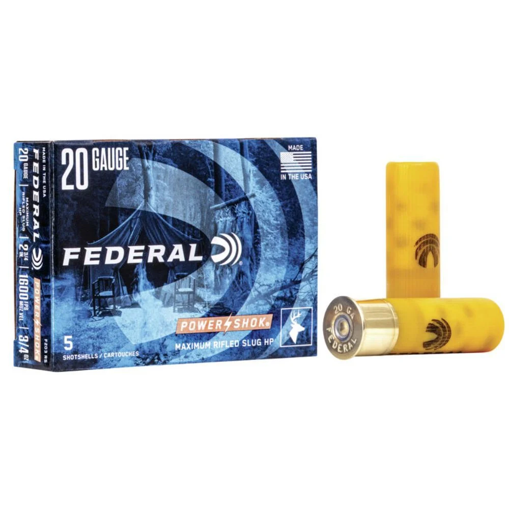 Federal Ammunition F203RS Power-Shok 20 Gauge 2.75" 3/4 oz/328 gr 1600 fps Rifled Slug Shot Shotgun Ammo - 5 Rounds - 65643