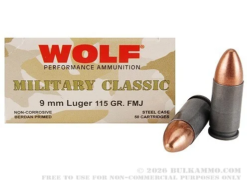 1000 Rounds of 9mm Ammo by Wolf - 115gr FMJ