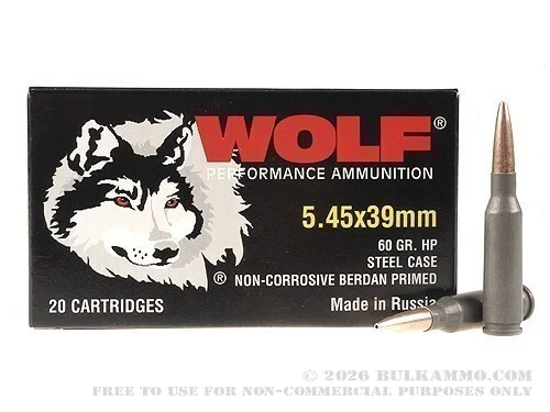 1000 Rounds of 5.45x39mm Ammo by Wolf - 60gr HP