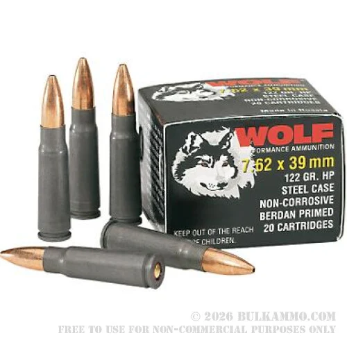 500Rounds of 7.62x39mm Ammo by Wolf - 122gr HP