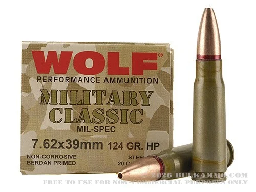 1000 Rounds of 7.62x39mm Ammo by Wolf - 124gr HP