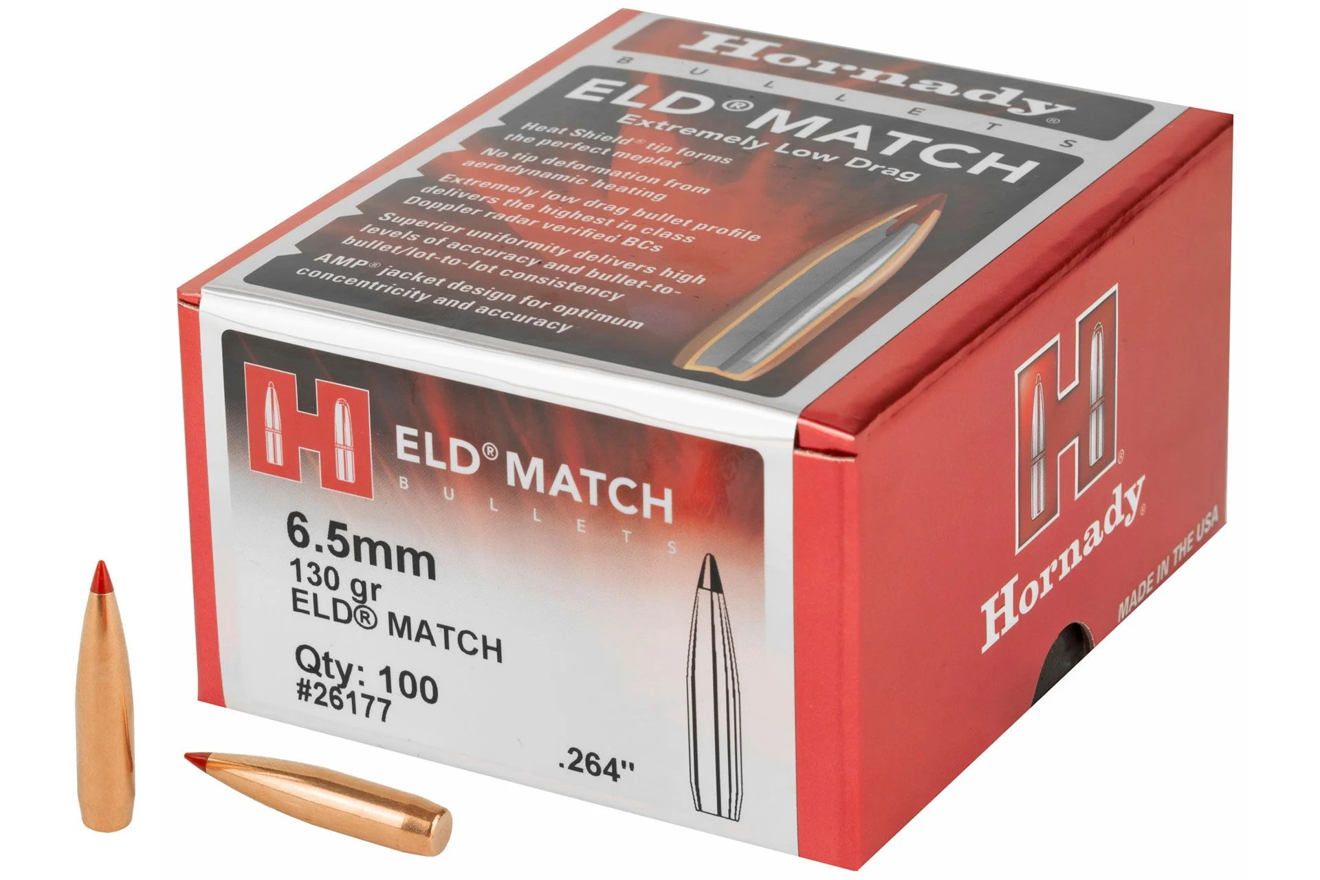 Hornady ELD-M .264 Diameter 6.5MM 130 Grain Ballistic Tip, 100 Count - HRB26177