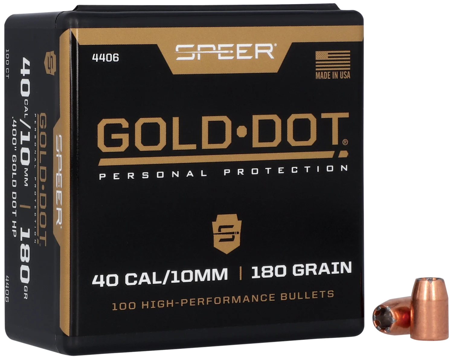 Speer 40 Caliber 180 Grain Gold Dot Hollow Point 100/Box (4406), Not Loaded