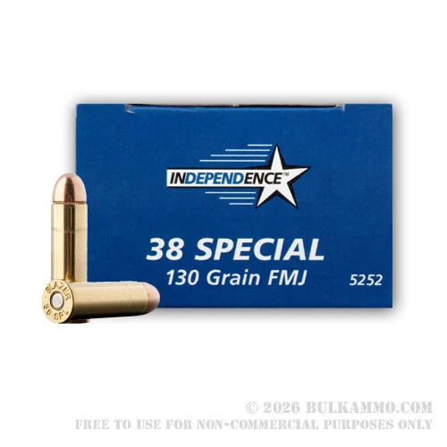 50 Rounds of .38 Spl Ammo by Independence - 130gr FMJ