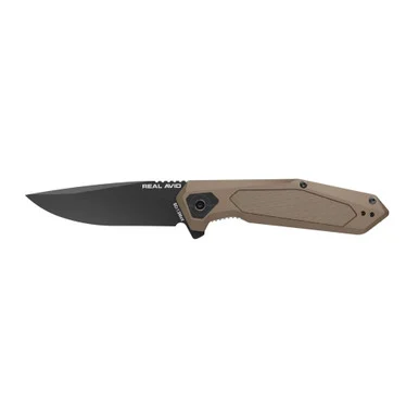 Real Avid RAV-3, Folding Knife, Plain Edge, Matte Finish, Black and Tan, Aluminum Handle