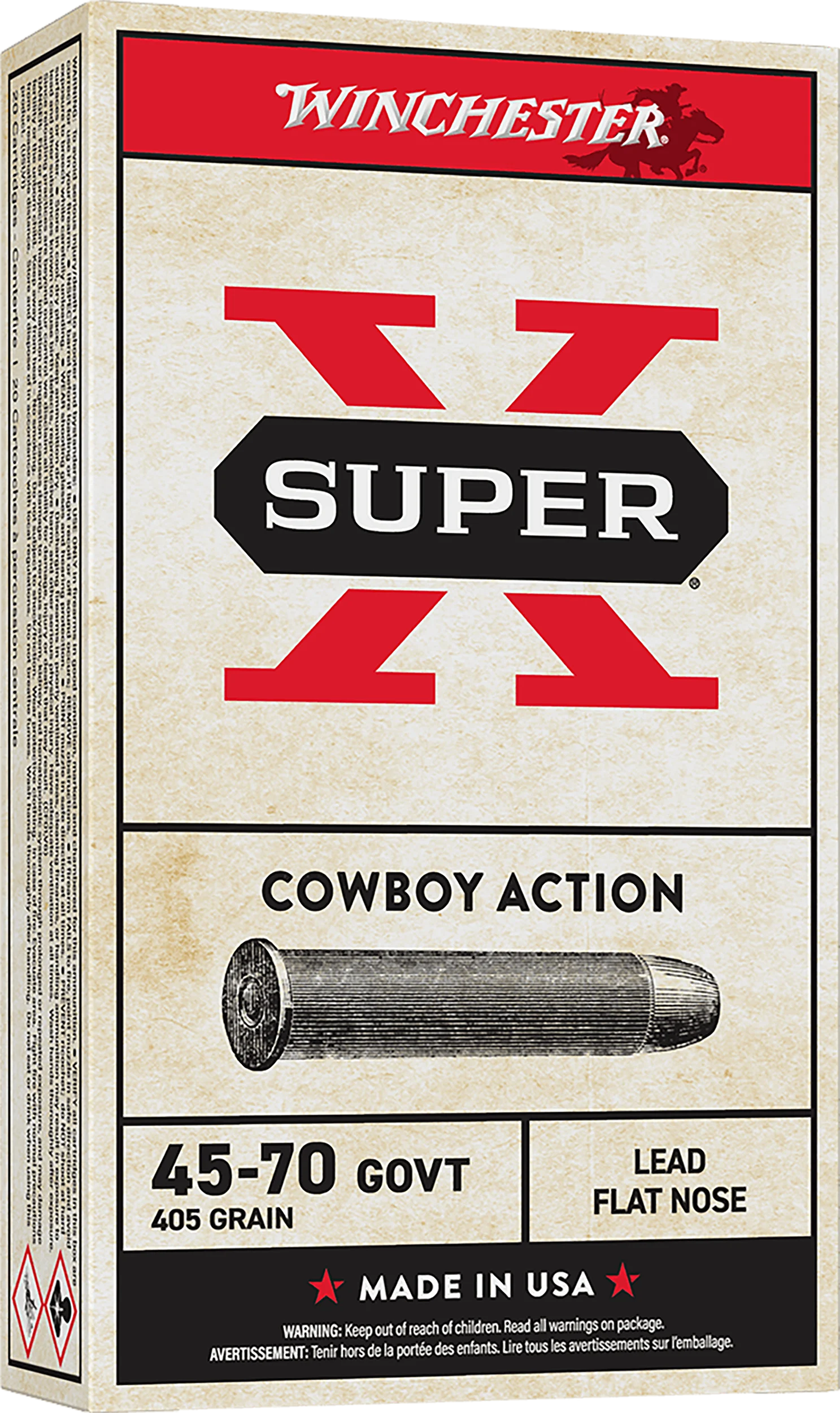 Winchester Super-X Cowboy Action Ammuntion X4570CB, 45-70 Government, Lead Flat Nose (FN), 405 GR, 1150 fps, 20 Rd/Bx